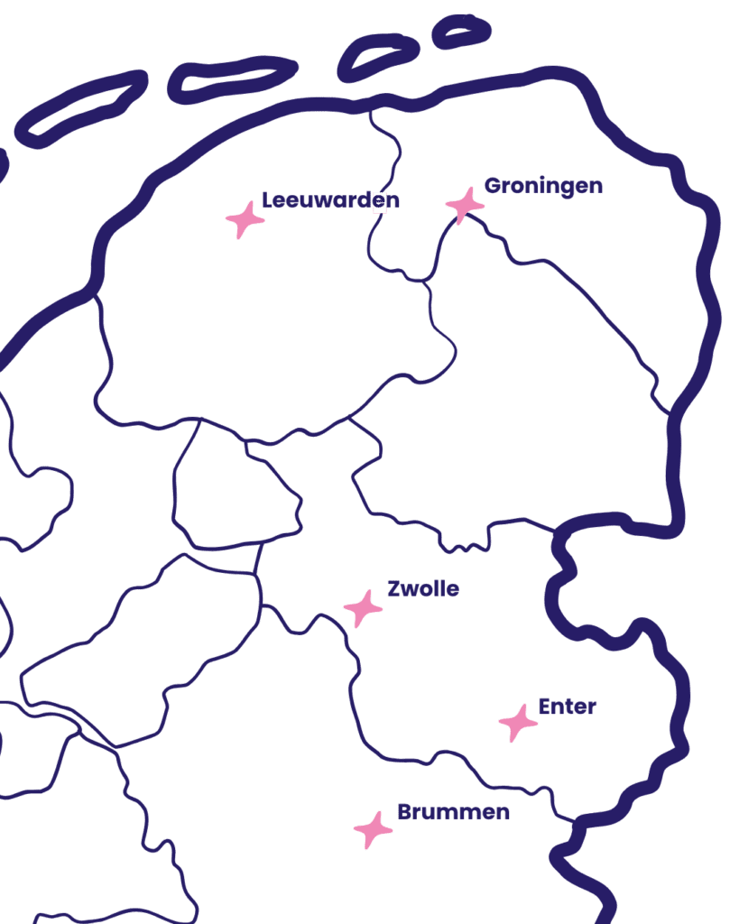 Kaart van Noordoost-Nederland met gemarkeerd de Novon vestigingen in Leeuwarden, Groningen, Zwolle, Enter en Brummen